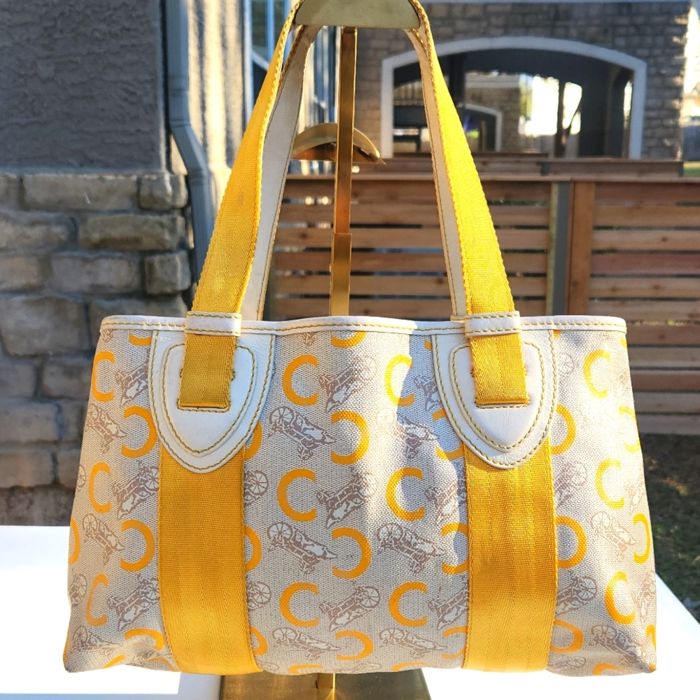 Celine Coated Canvas Handbag w/ C Logo, Horse & Carriage - Yellow, Cream & White